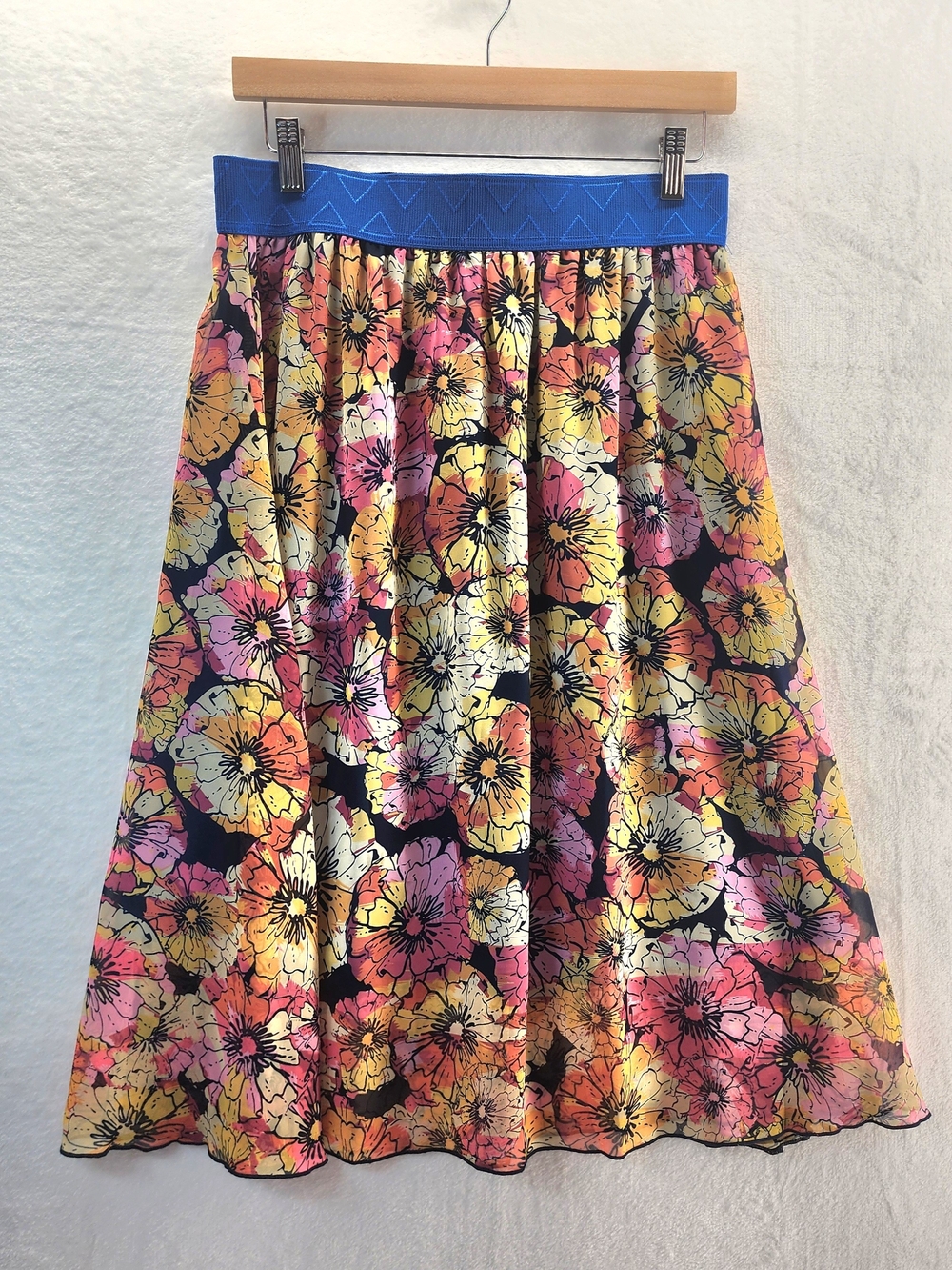 Floral A-Line Midi Skirt with Blue Elastic Waistband